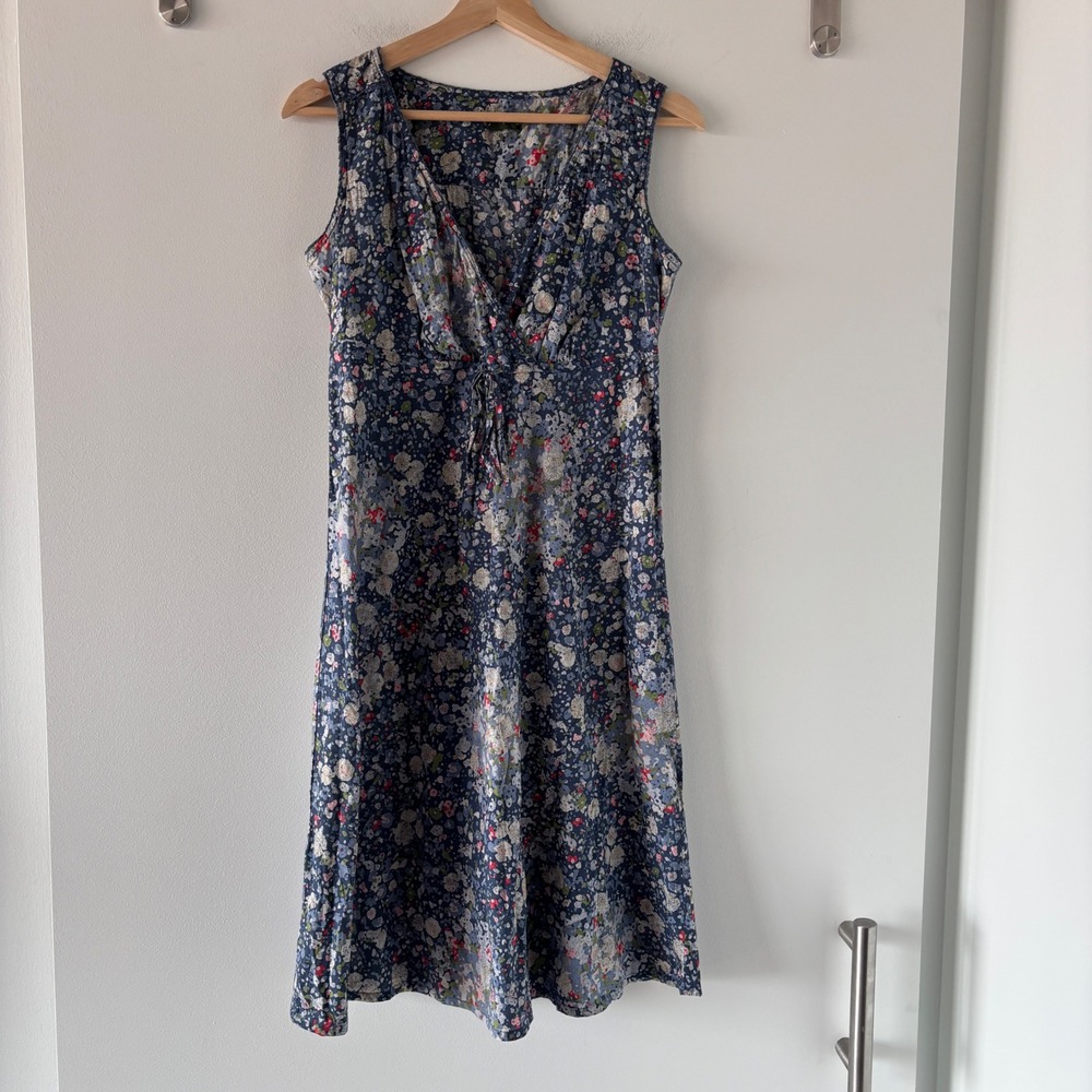 Y2K Eddie Bauer Blue Floral Cotton Sleeveless Empire Waist Midi Dress Size 2